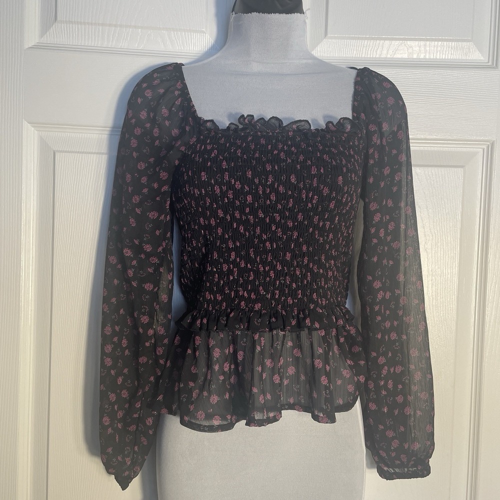 Mi Ami Smocked Shirt Womens XS Black Pink Floral Long Sleeve Whimsigoth Milkmaid